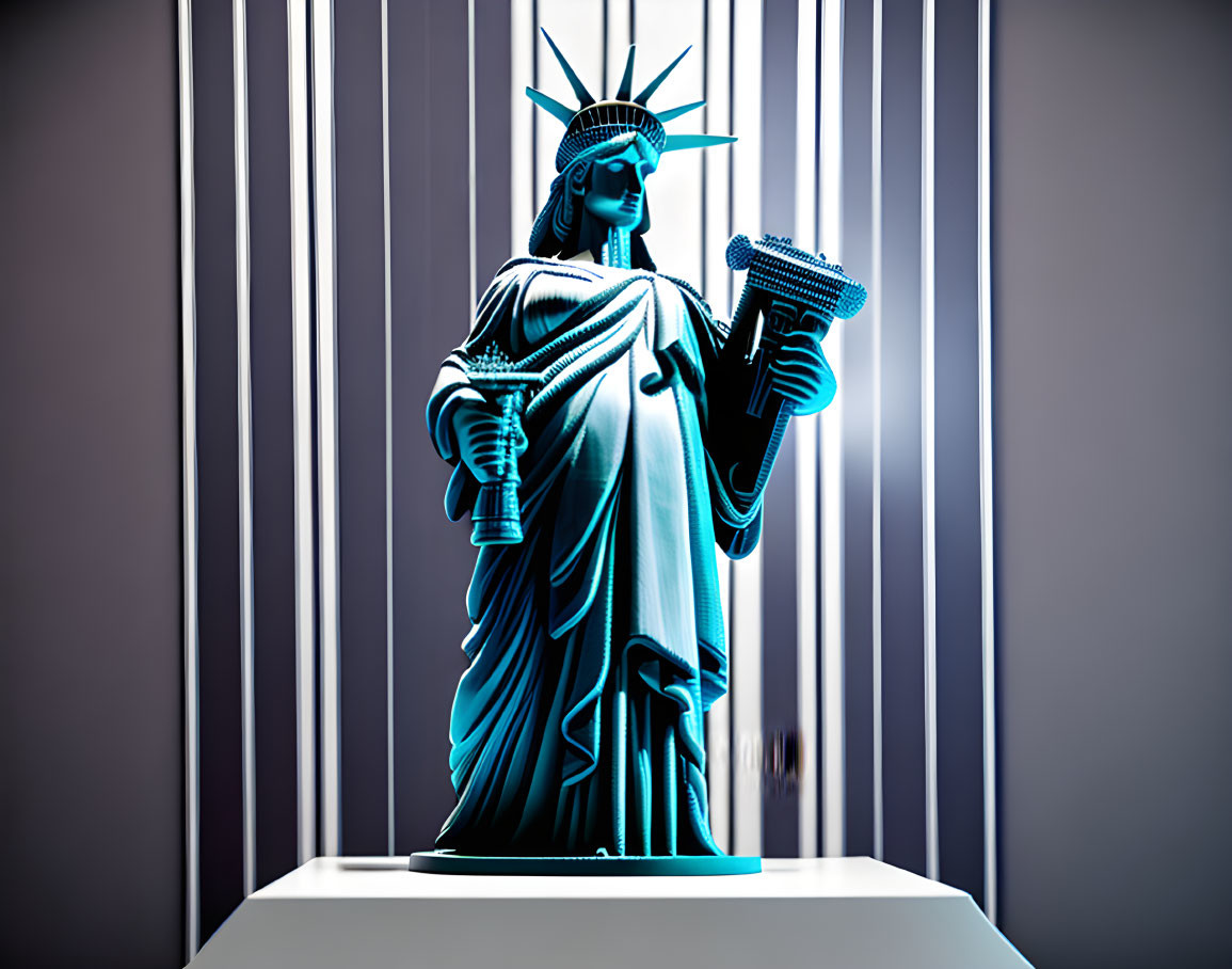 Miniature Statue of Liberty replica illuminated in blue light on gray background