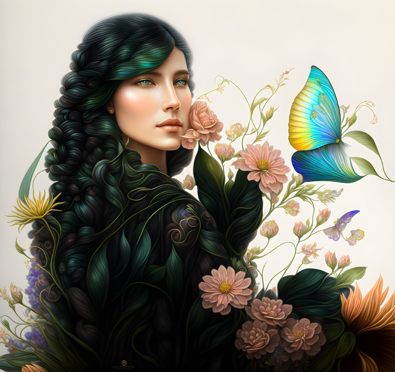 Vibrant illustration of woman with green hair and butterfly in floral setting