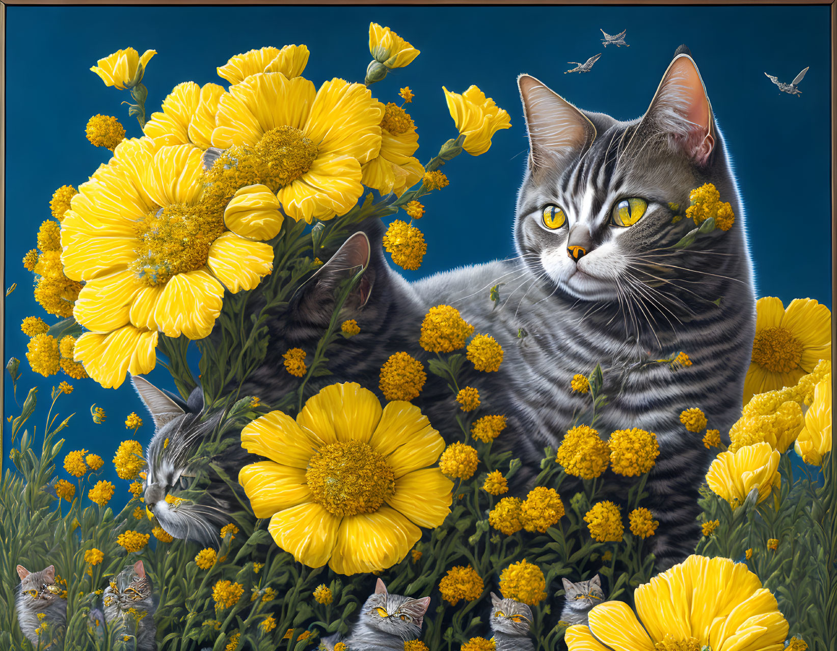 Tabby Cat with Green Eyes Surrounded by Yellow Flowers