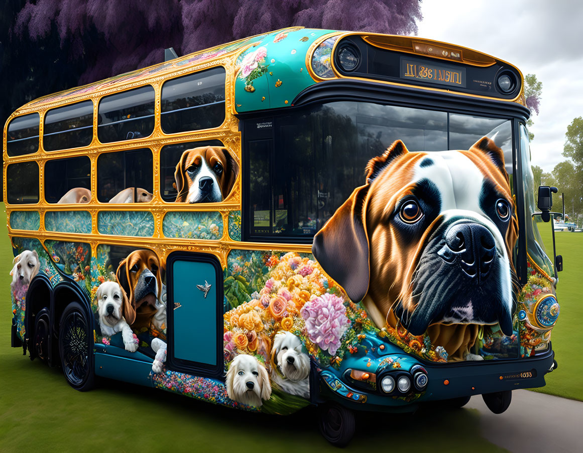 Vibrant dog-themed bus with floral patterns and canine images against green backdrop