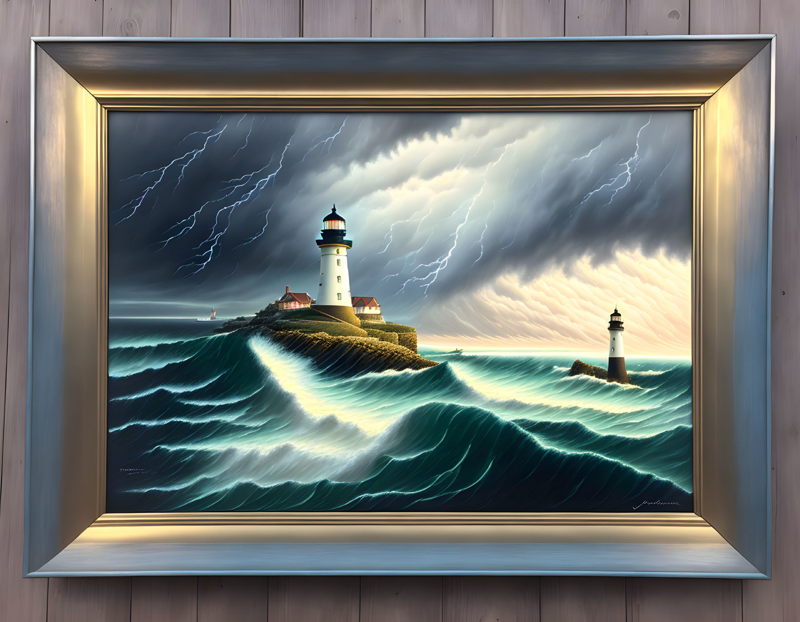 Lighthouse painting: storm, lightning, waves, cliff