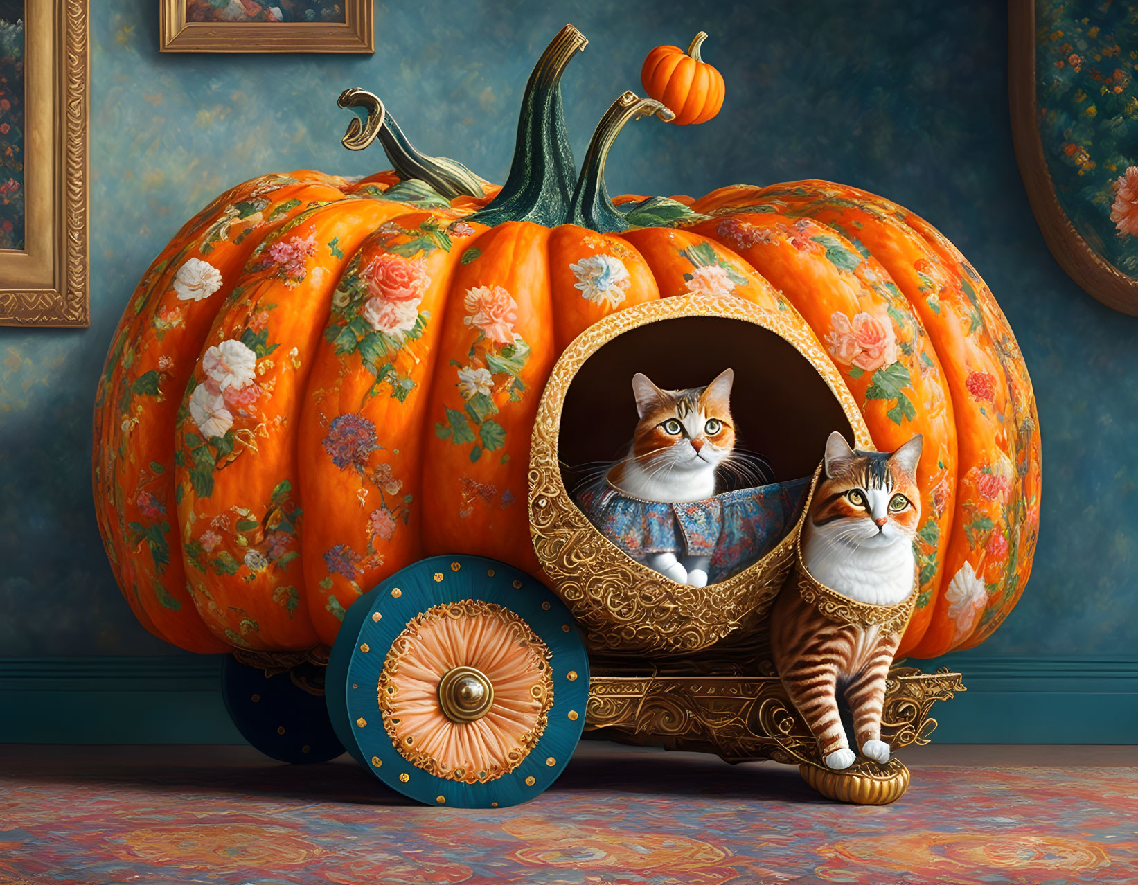 Cats in ornate pumpkin carriage in blue wallpapered room