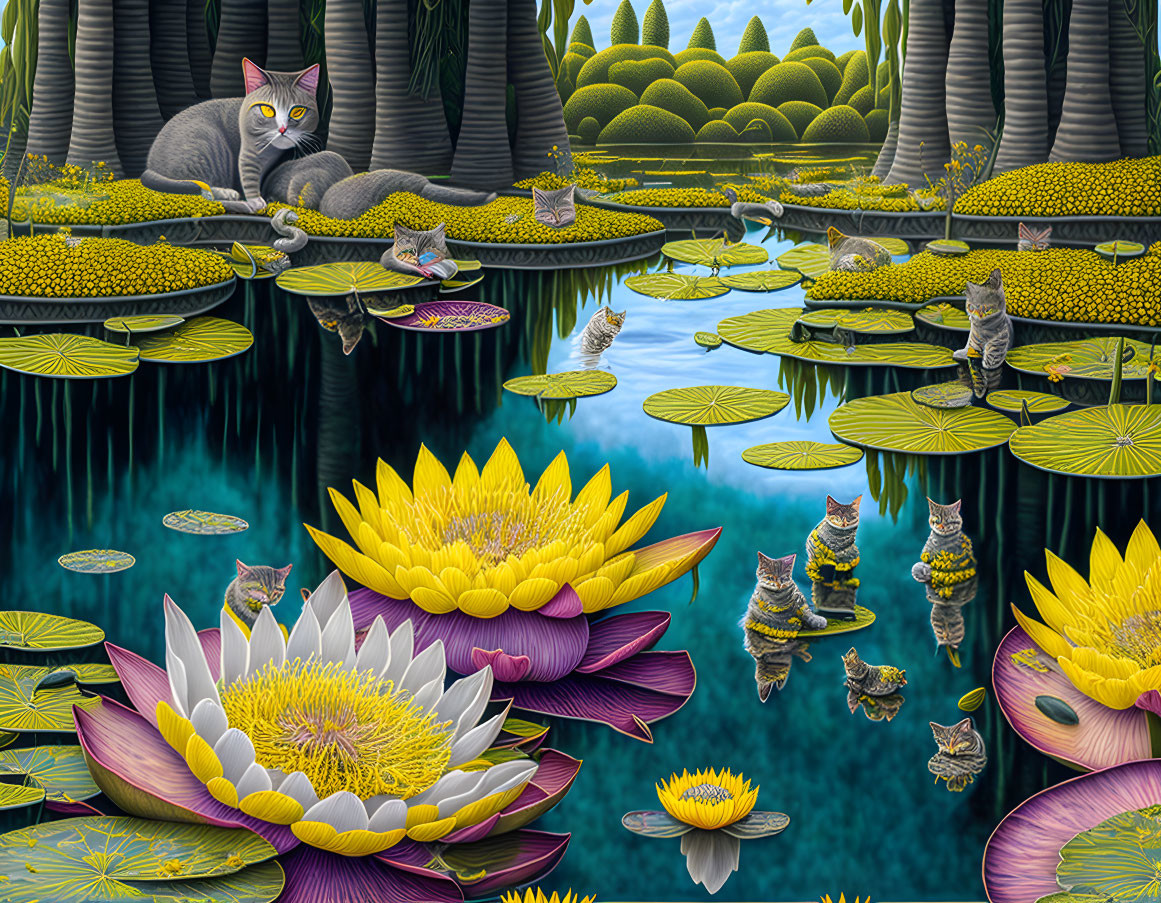 Fantastical landscape with oversized lily pads, flowers, and cats in a dark forest