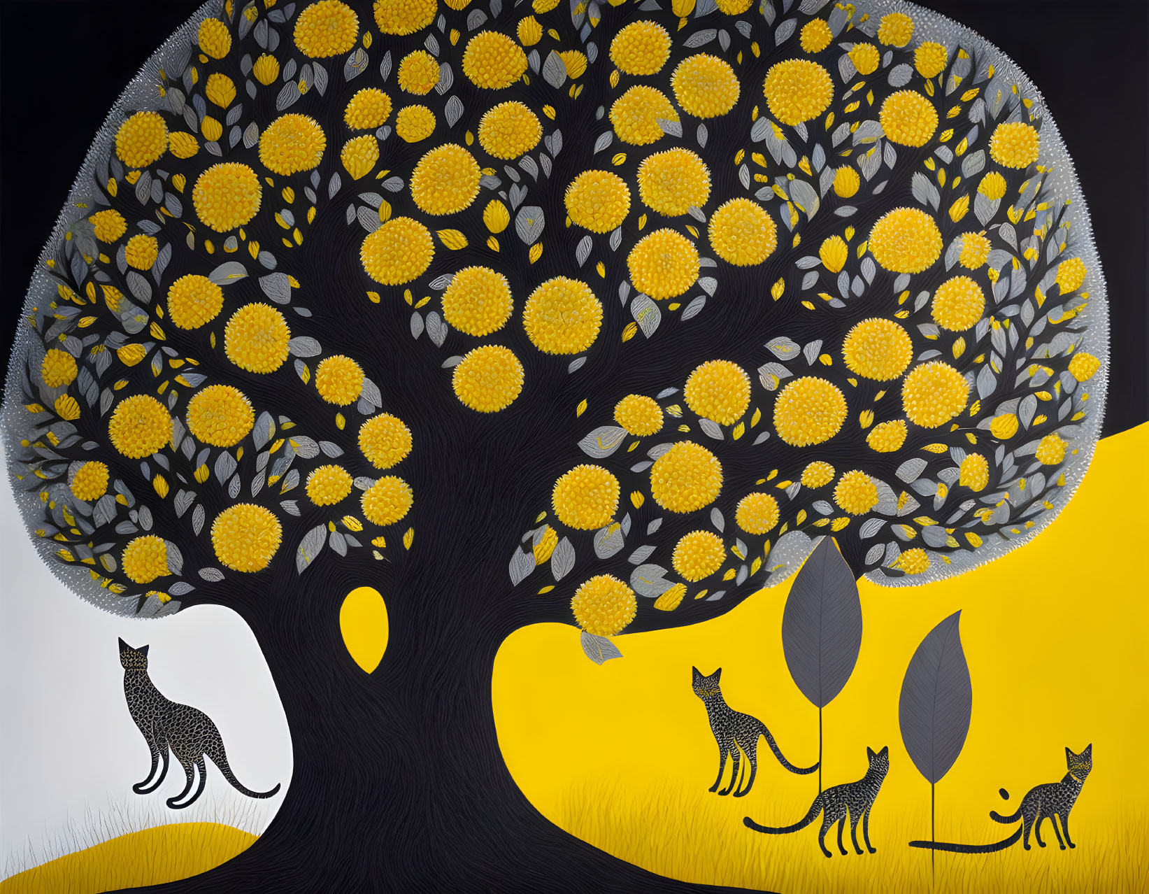 Stylized black tree with yellow foliage and patterned cats on black and yellow background