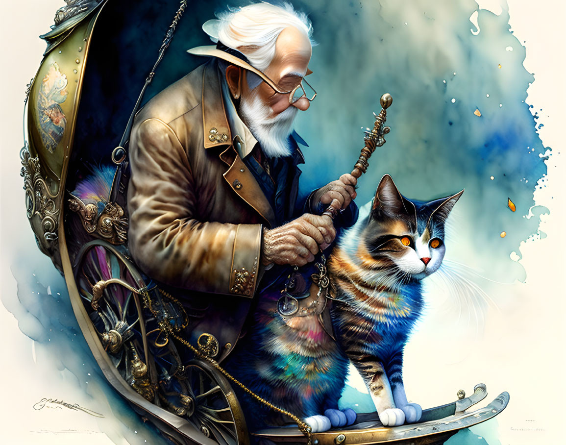 Elderly bearded man with cane and calico cat on ornate rocking chair