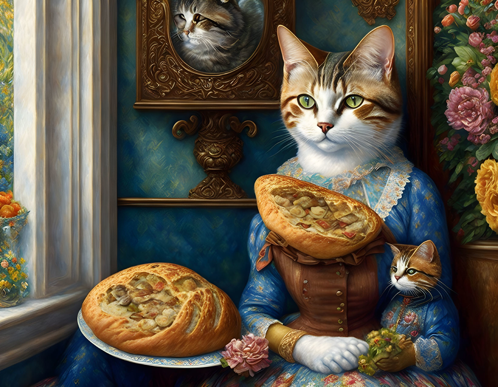 Whimsical painting of cat in historical attire with pie surrounded by cats and art