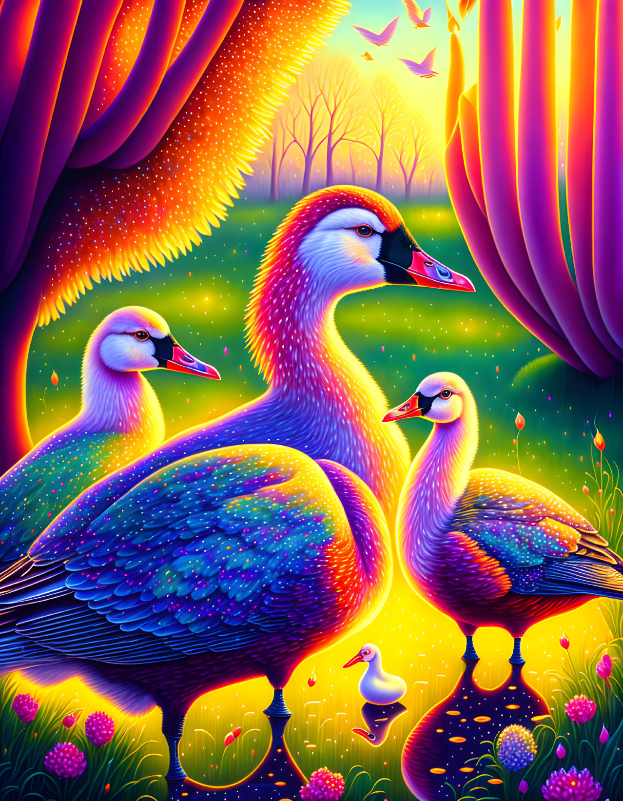 Colorful Iridescent Ducks in Luminous Forest Scene