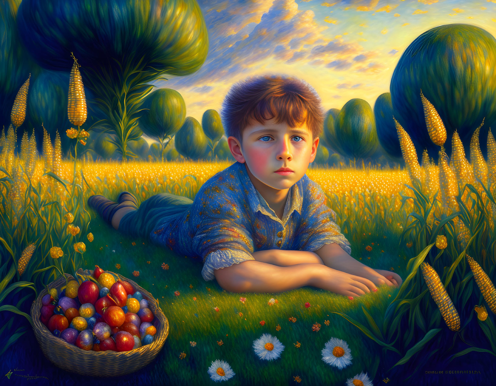 Boy in surreal field surrounded by oversized fruit and flowers under vibrant sky