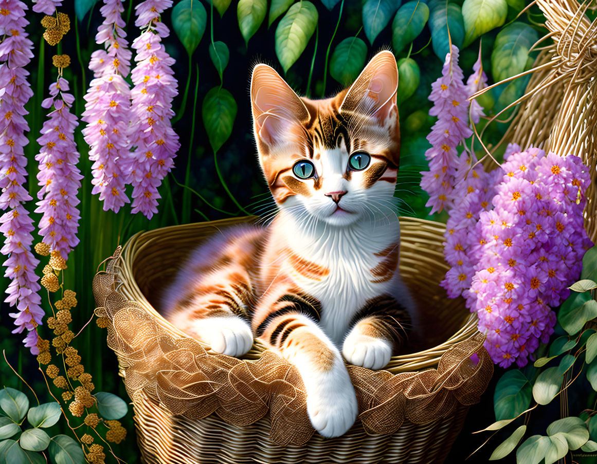 Tabby Kitten with Green Eyes in Wicker Basket Among Purple Flowers