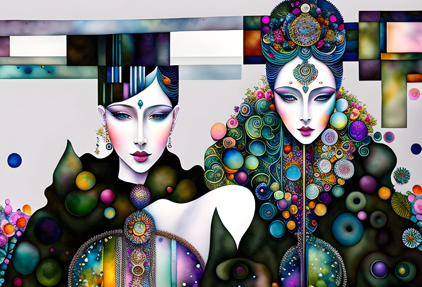 Colorful digital artwork featuring stylized female figures and abstract patterns.