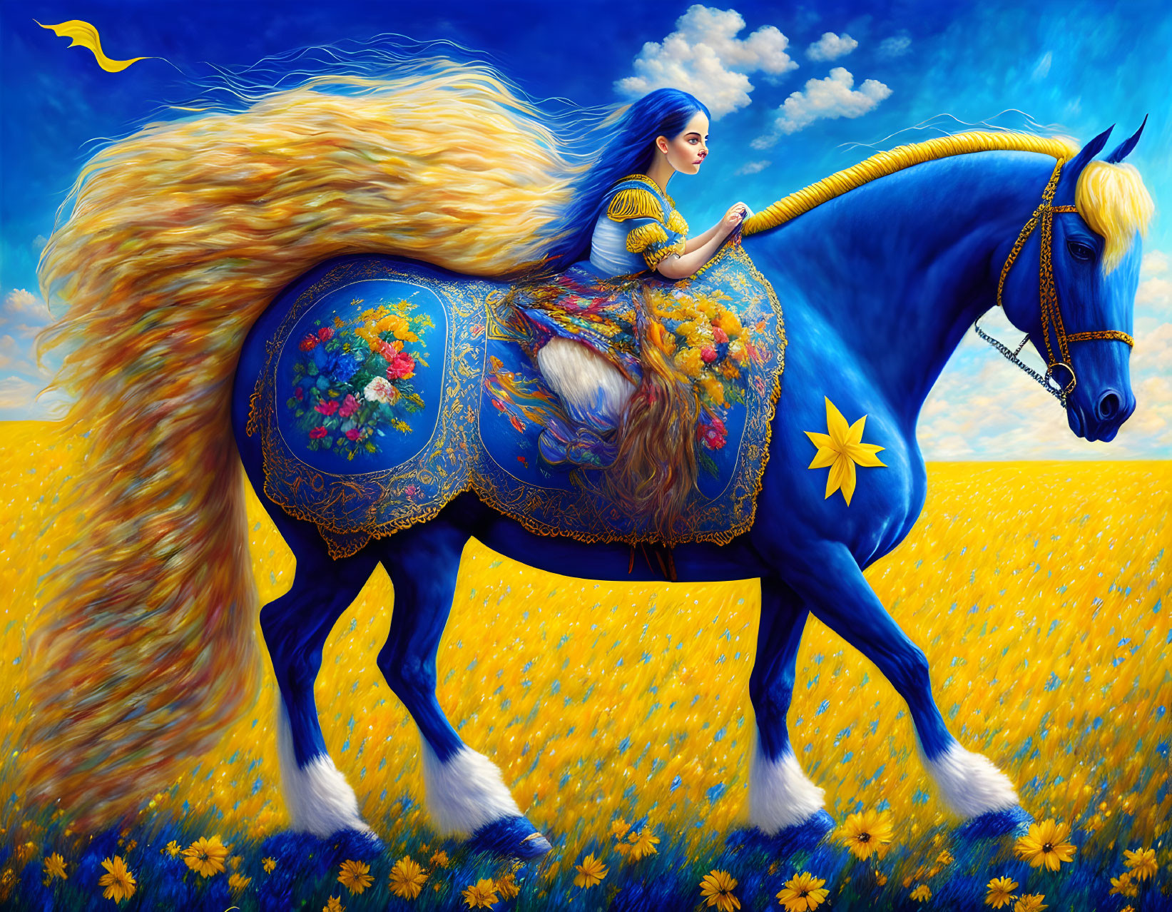 Blue-haired woman rides majestic unicorn in a field of yellow flowers under vibrant sky