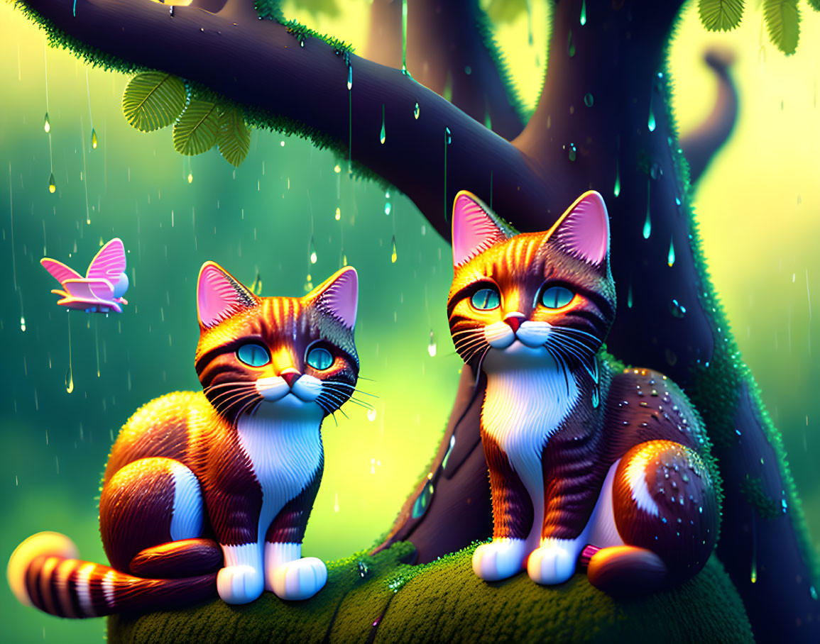 Illustrated cats under tree with rain, pink butterfly, whimsical forest.