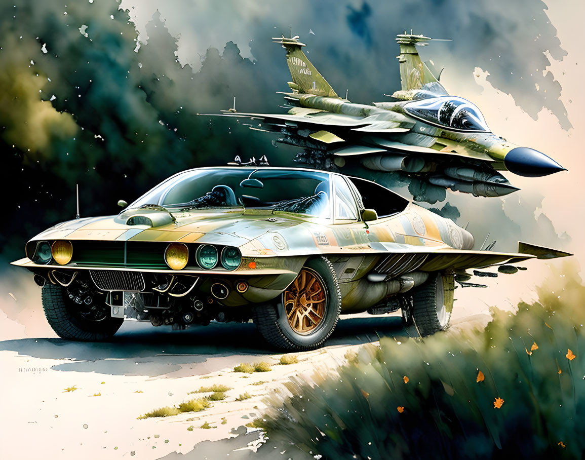 Muscle Car with Racing Stripes and Fighter Jet in Artistic Background