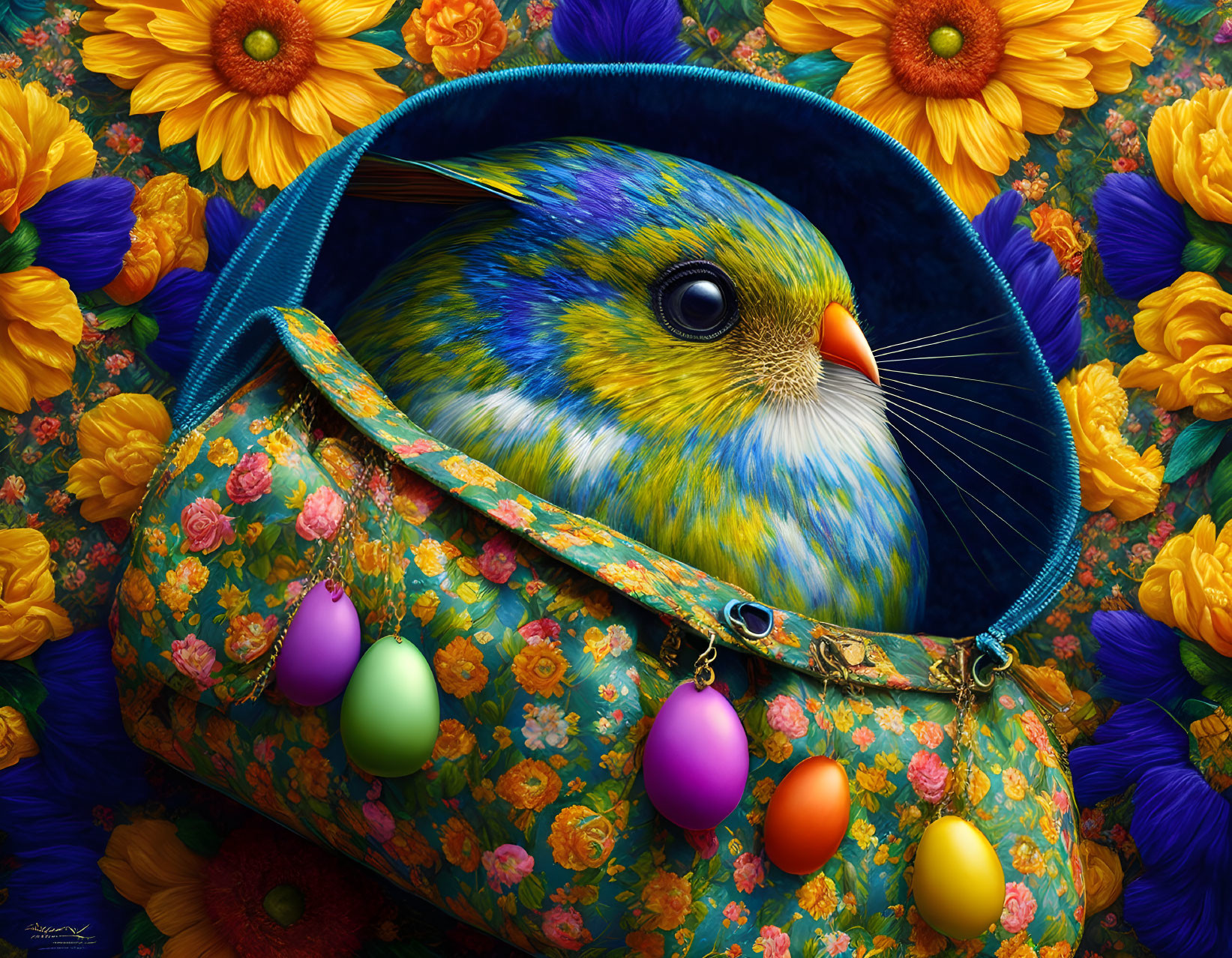 Colorful bird in floral bag with sunflowers and Easter eggs