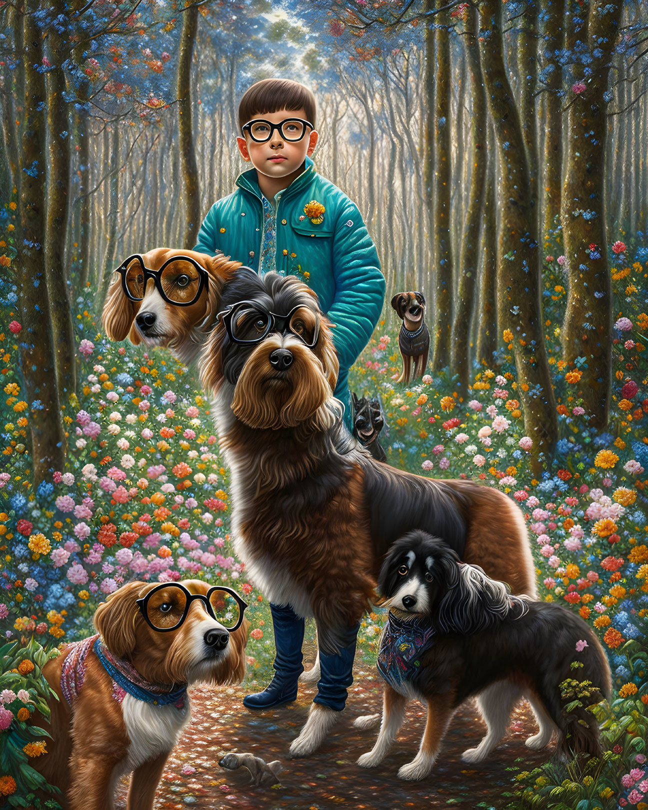 Young boy with four dogs in glasses in colorful forest