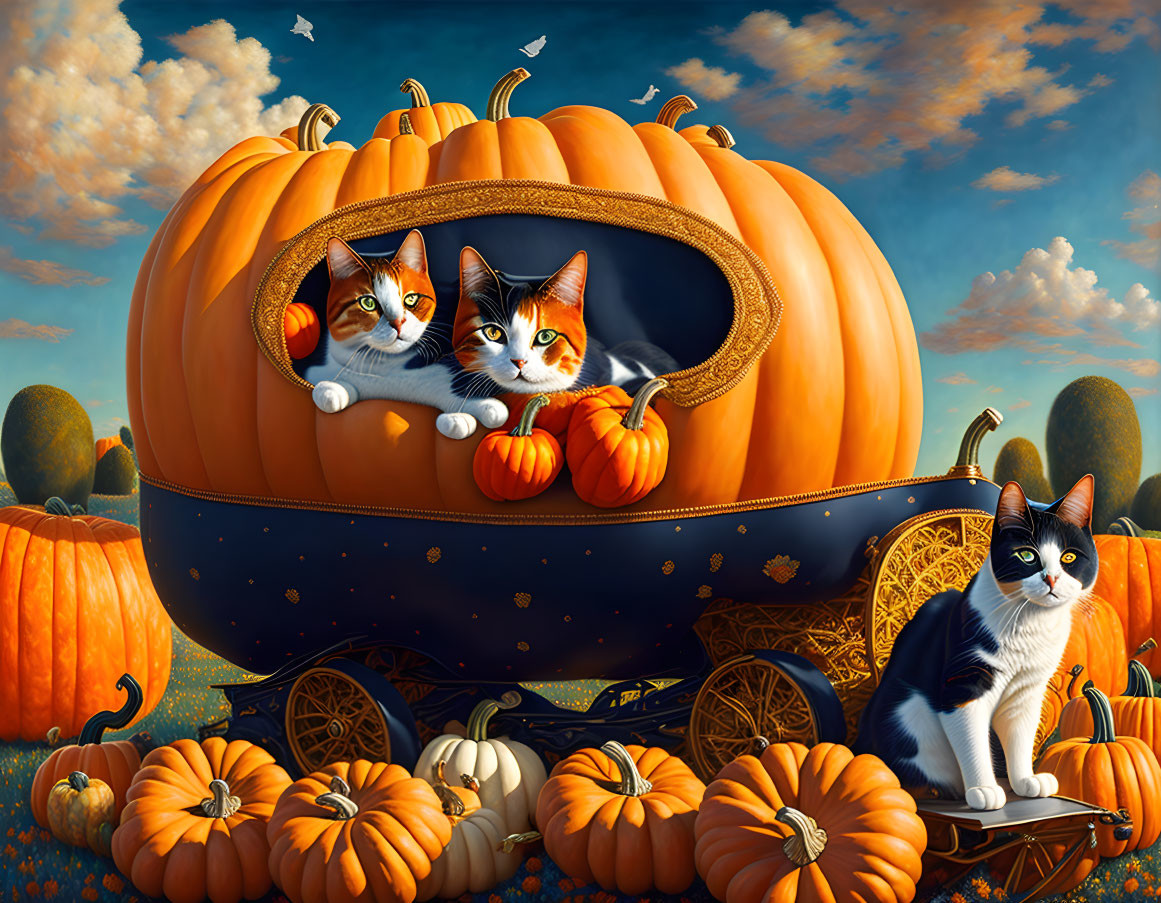 Whimsical image of three cats with pumpkin carriage in pumpkin patch