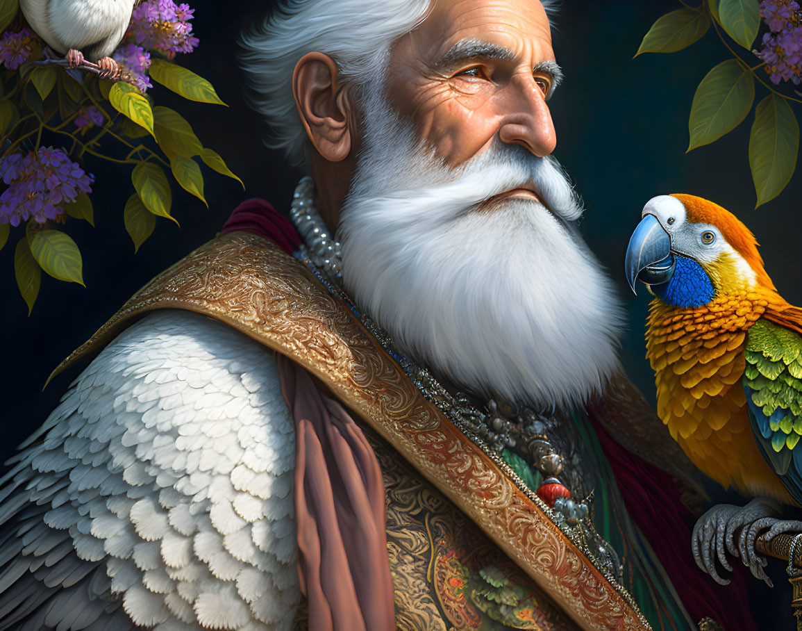 Elderly man with white beard and parrot in lush garden