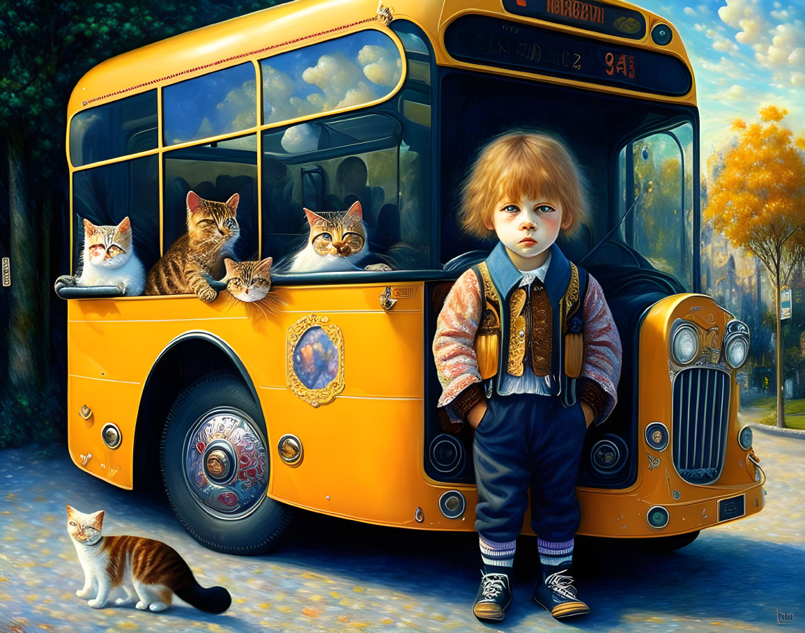 Child with playful cats in front of vintage yellow bus