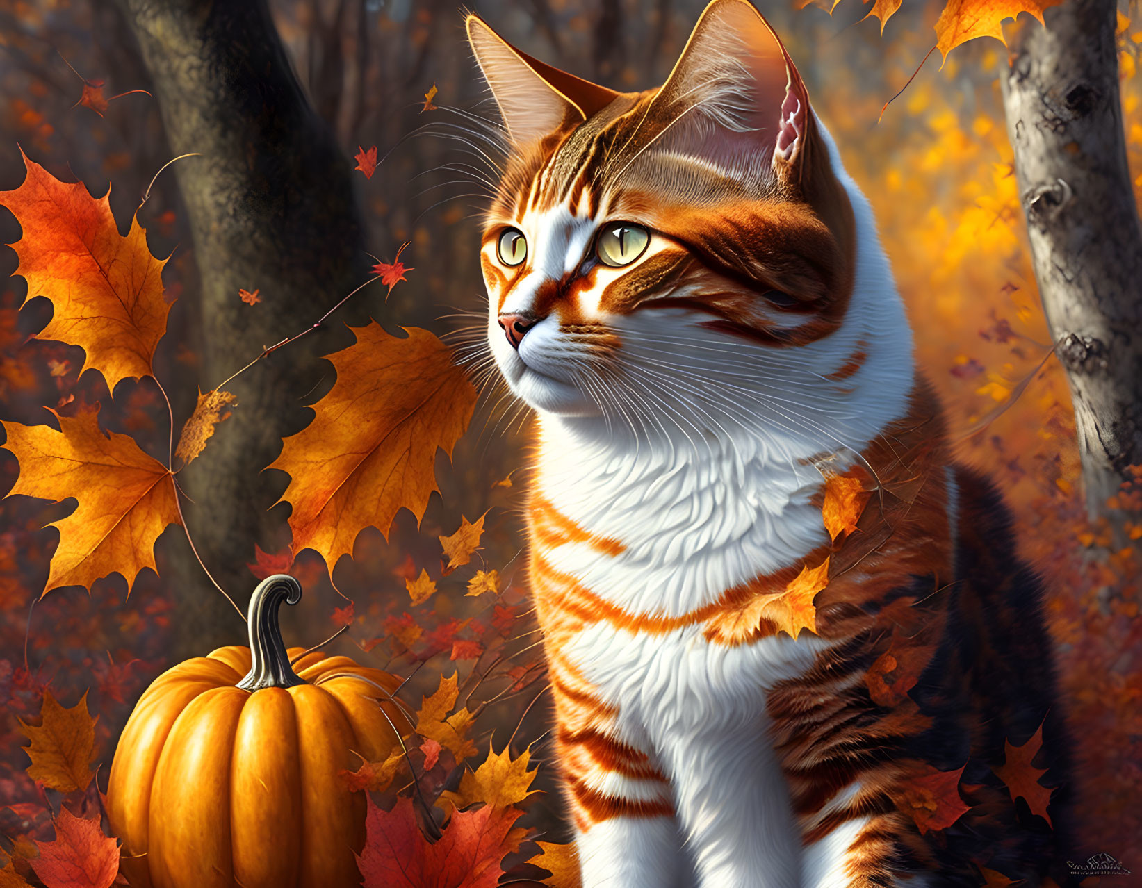 Orange and White Striped Cat with Pumpkin in Autumn Forest