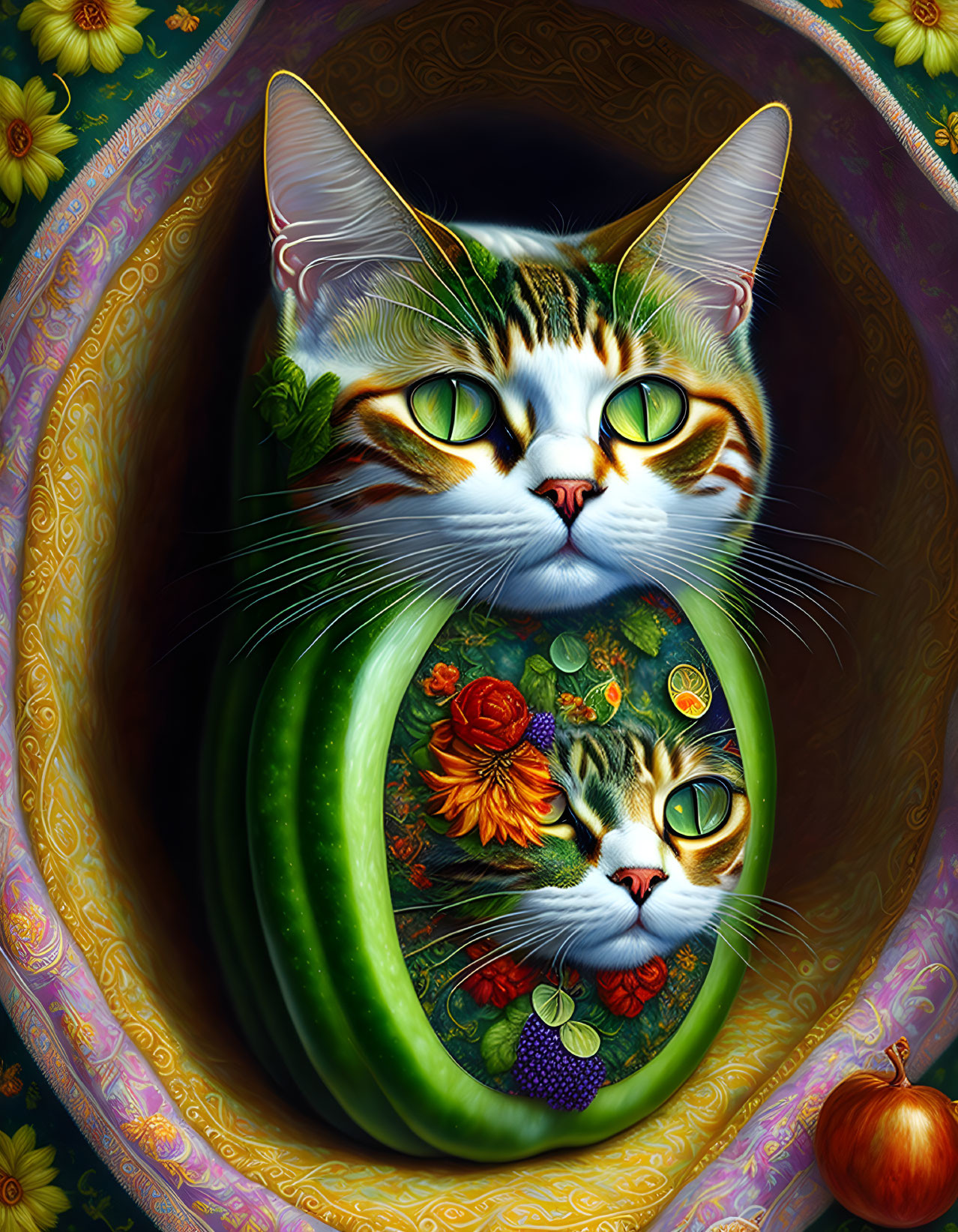 Nested Cats Illustration with Matryoshka Doll Concept and Floral Patterns