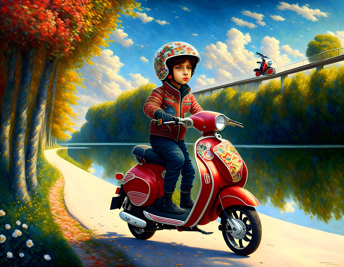 Child on helmet riding toy scooter through autumn path with colorful trees