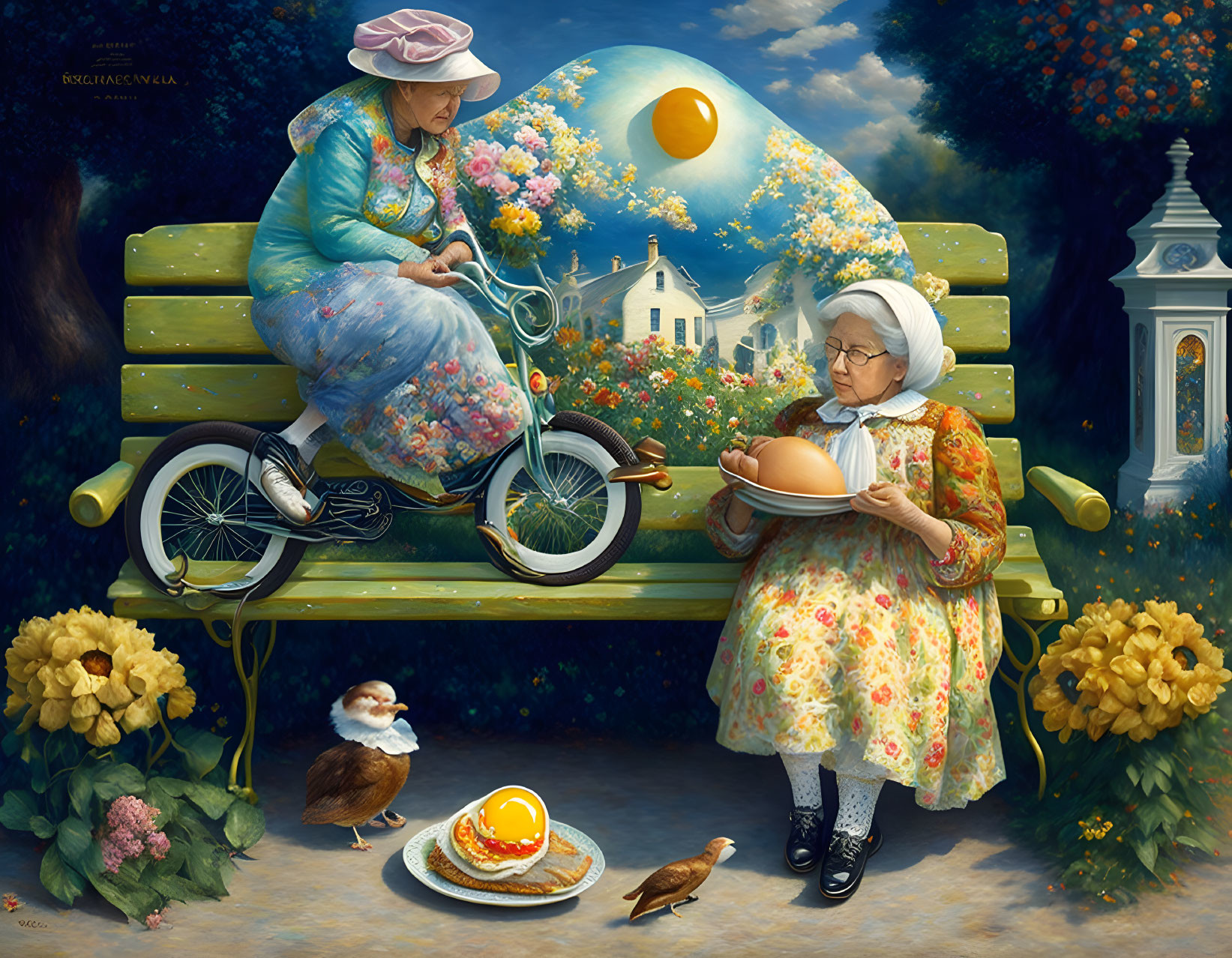 Surreal artwork: Elderly women, bicycle, bread, oversized nature, moon