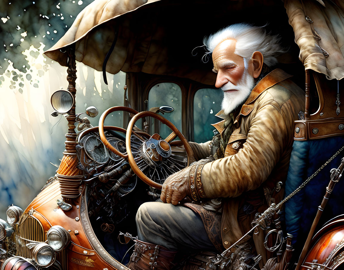 Elderly man with white beard pilots steampunk vehicle with intricate gears