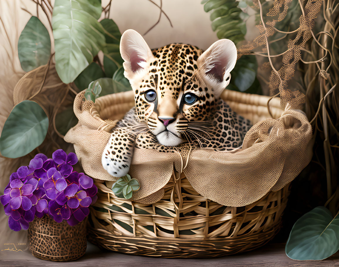 Adorable Leopard Cub with Blue Eyes in Wicker Basket Among Green Foliage