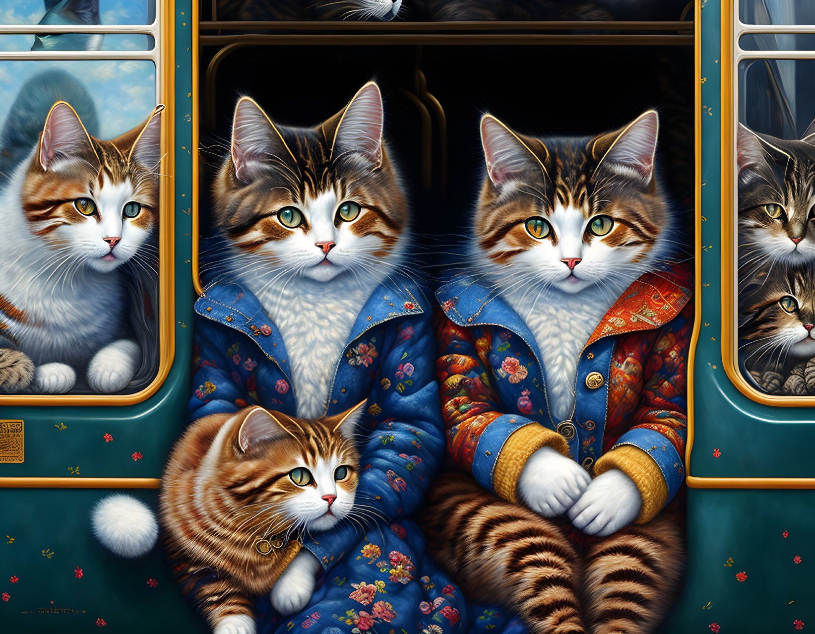 Anthropomorphic cats in colorful jackets on a bus