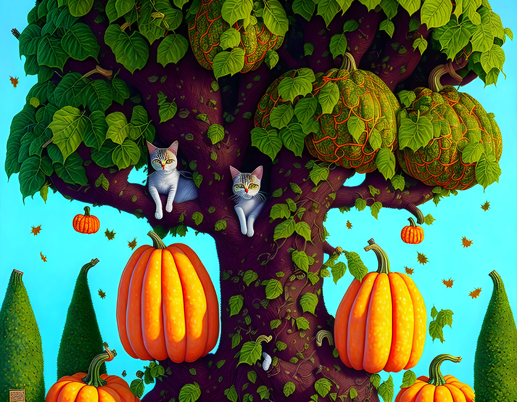 Colorful Tree Illustration with Cats, Pumpkins, and Plants on Blue Sky