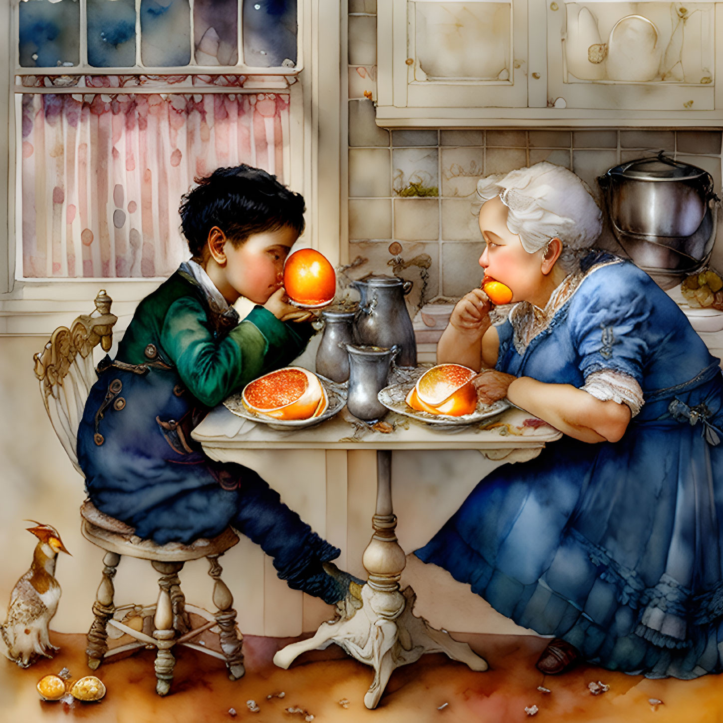 Children in historical clothing eating oranges with a duck in cozy kitchen setting