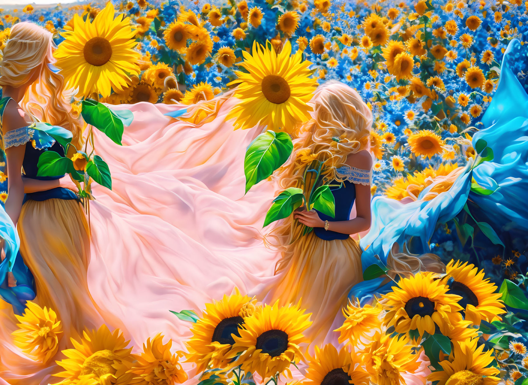 Women in flowing dresses in vibrant sunflower field with warm color palette.