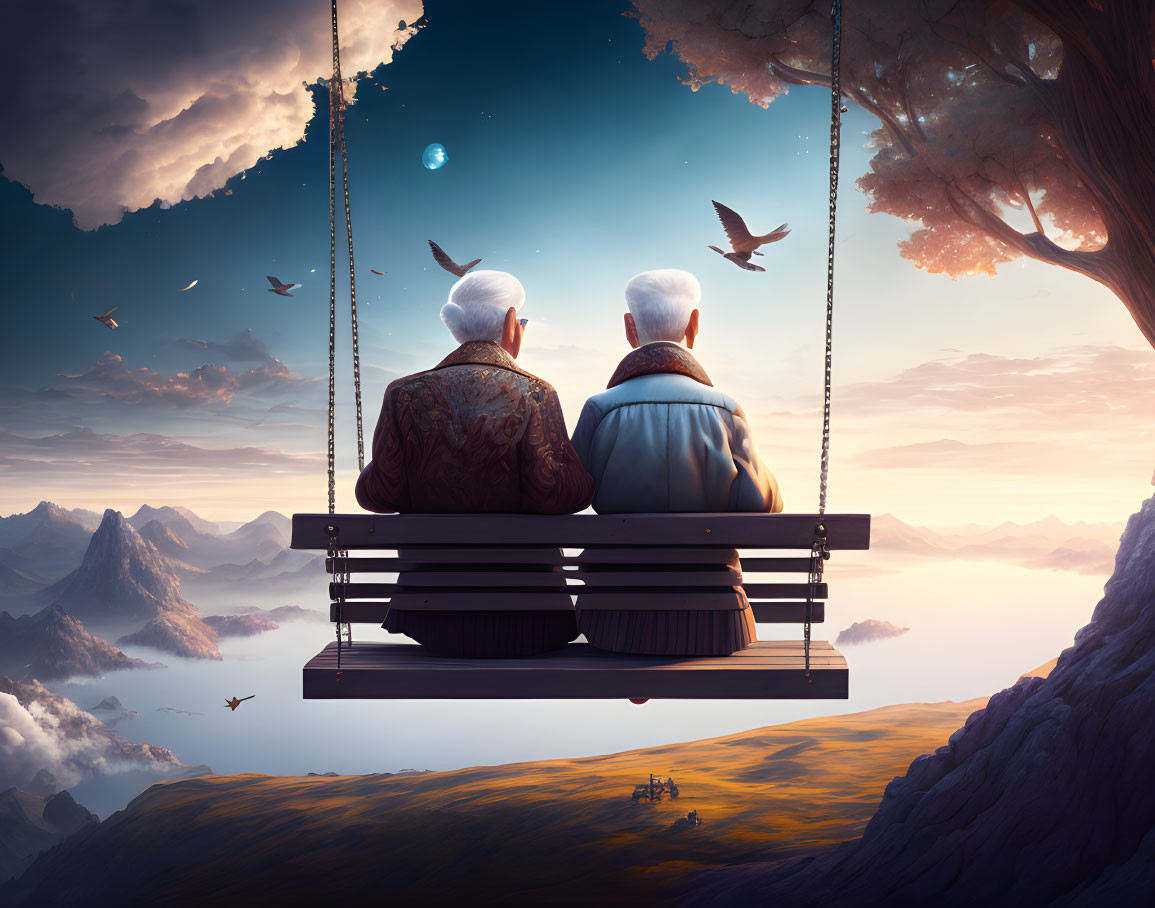 Elderly couple on swing admiring surreal landscape at twilight