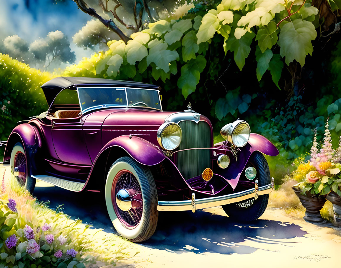 Vintage Purple Convertible Car Parked in Lush Greenery