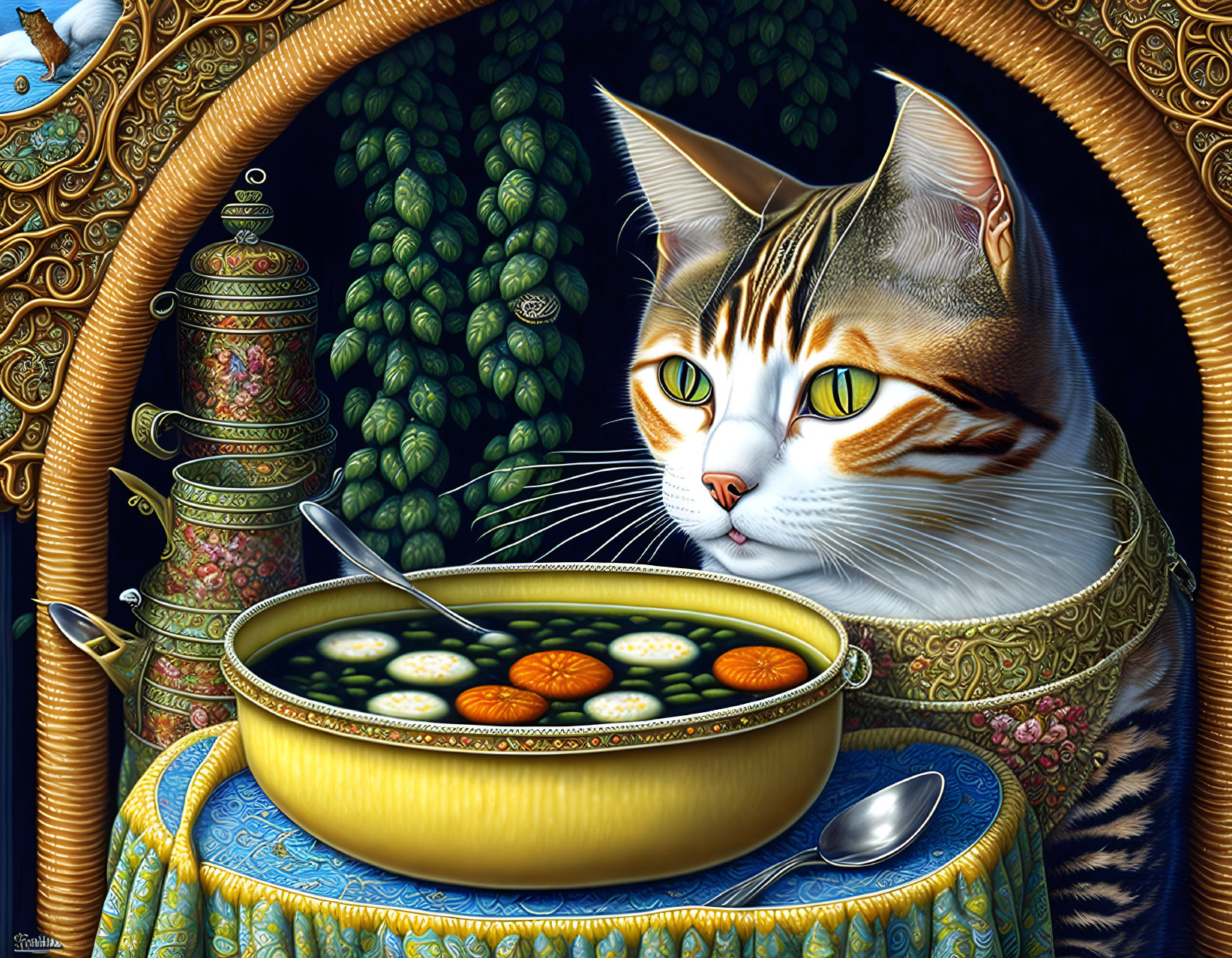 Green-eyed cat by yellow soup bowl in kitchen setting