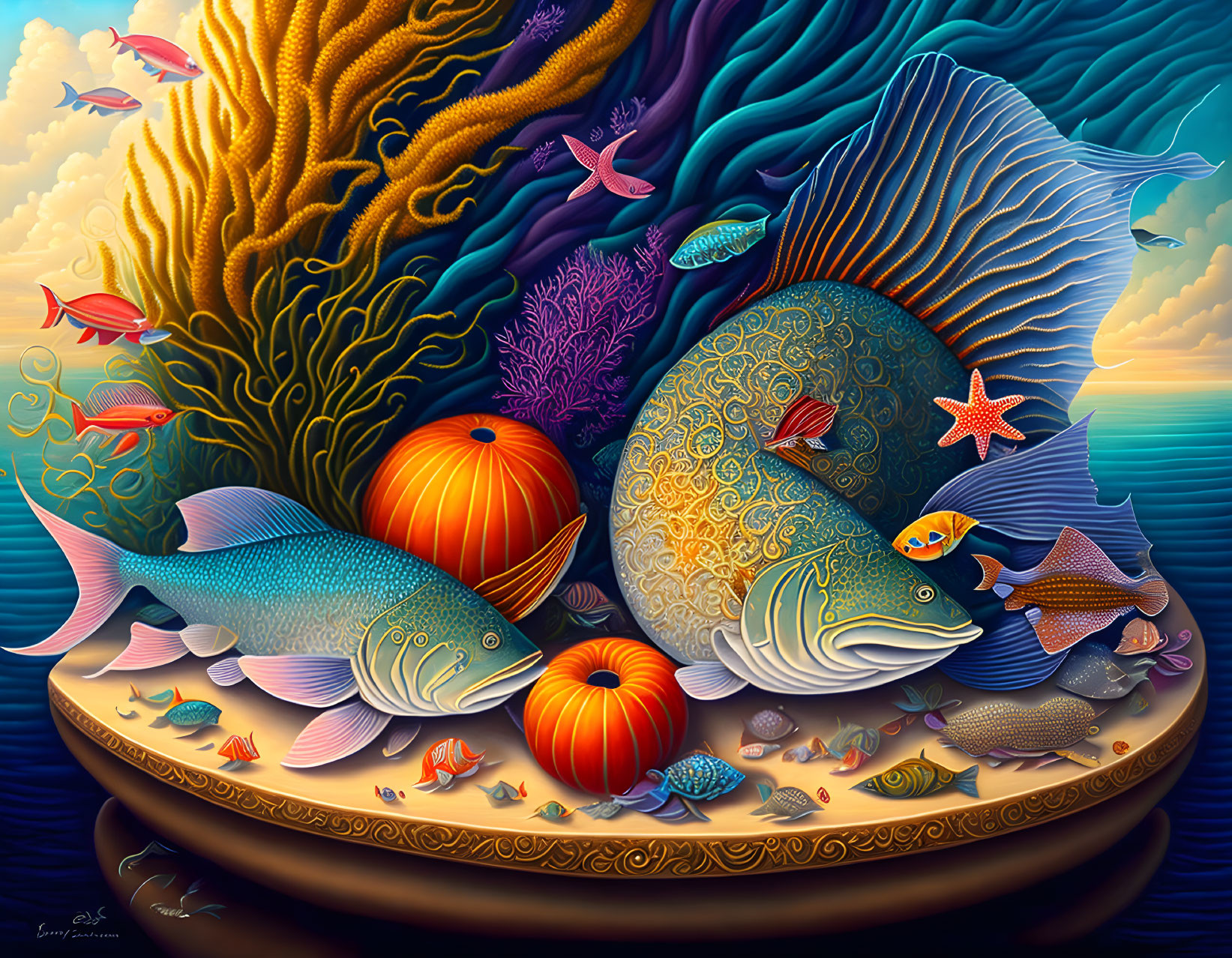 Colorful underwater scene with stylized fish and coral in a living tapestry.