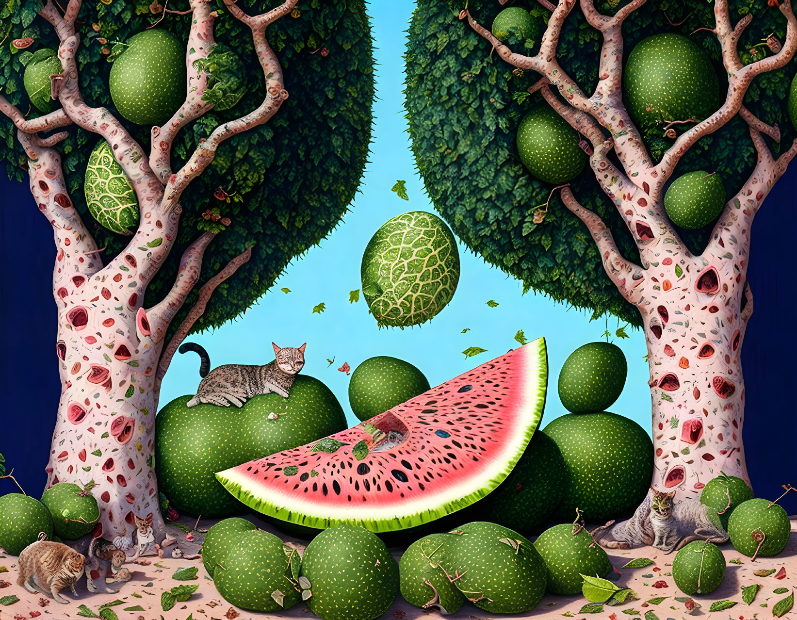 Whimsical illustration of watermelon-themed trees and playful cats