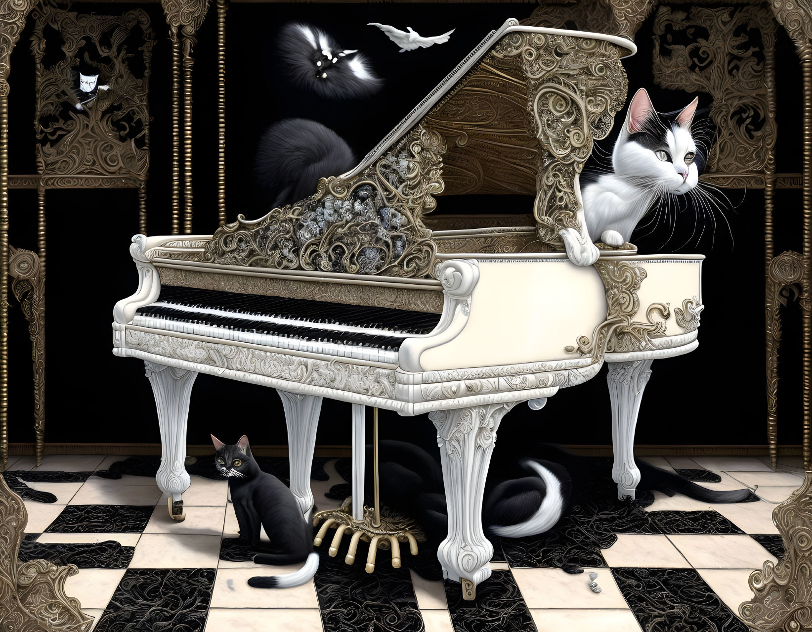 Two cats on baroque grand piano and checkered floor with gothic elements and bats.