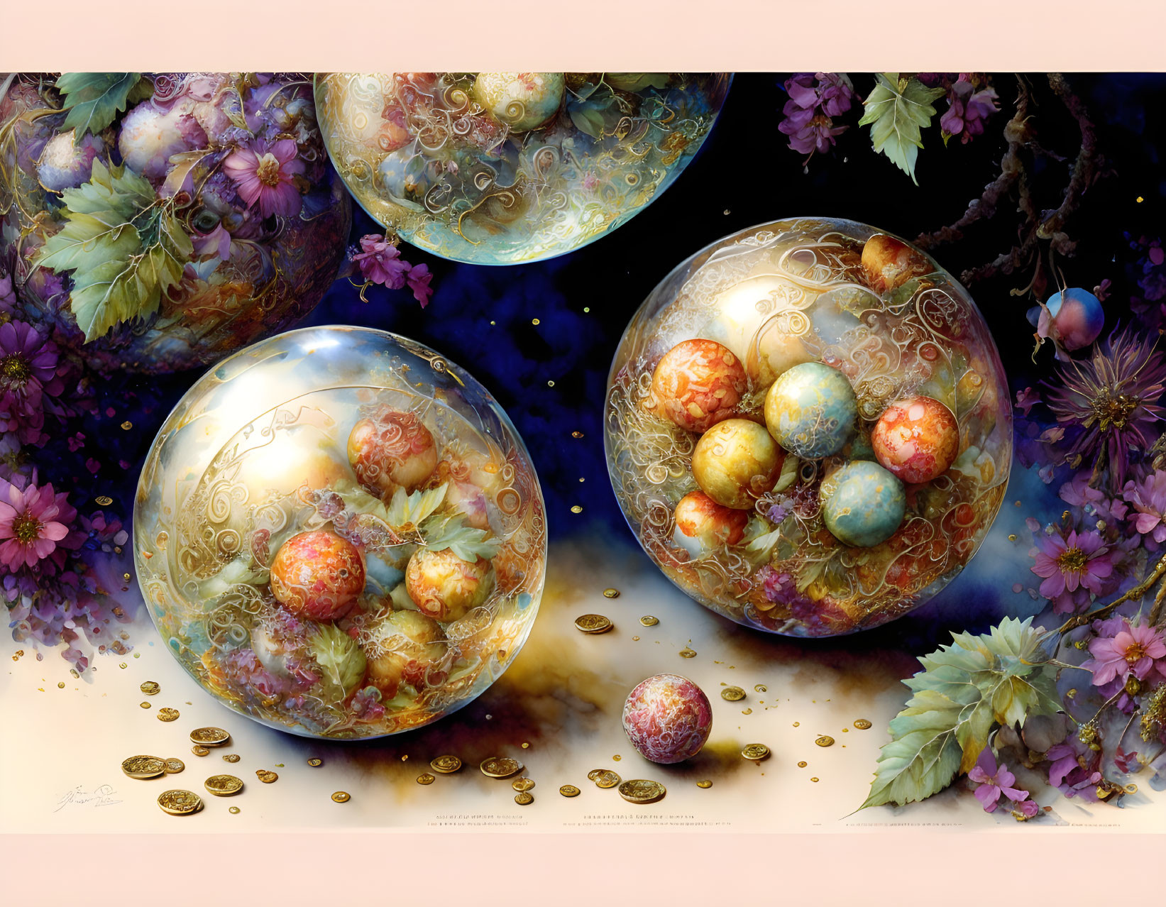 Fantasy Artwork: Ornate spheres, grapevines, golden coins, starry background