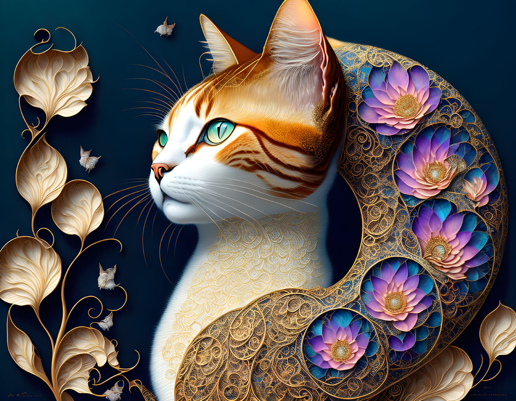 Illustrated Cat with Golden Patterns and Purple Flowers on Dark Background