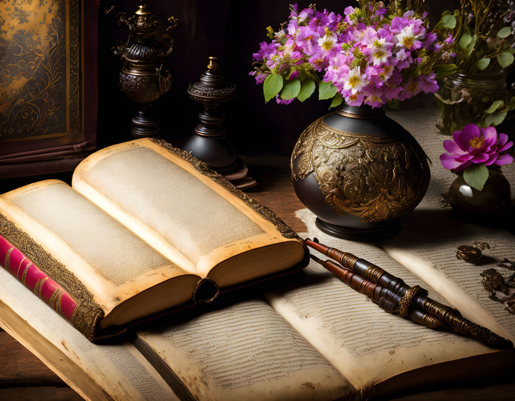 Antique book with ornate cover on wooden table with inkwell, pen, candlesticks, and