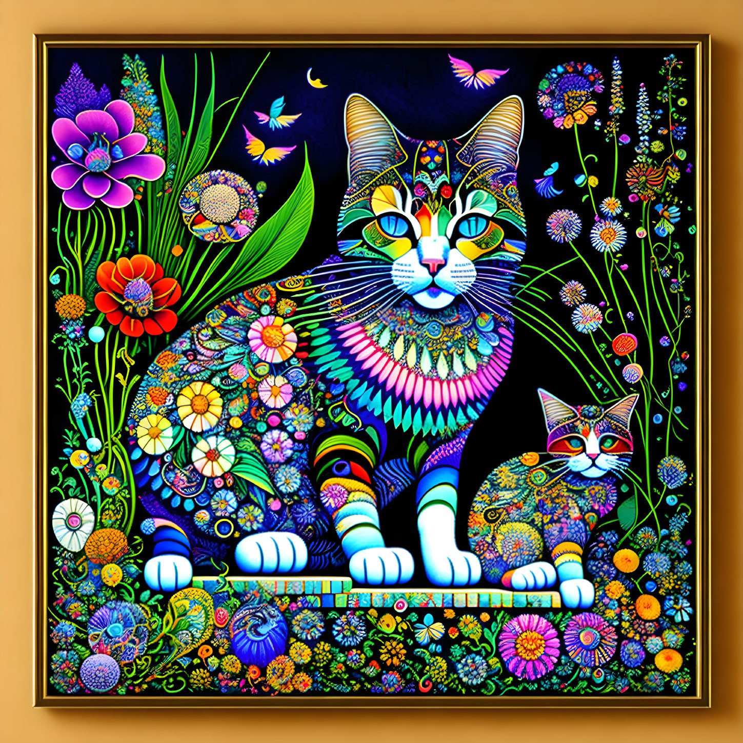 Vibrant psychedelic art: Two cats with floral patterns on dark whimsical background