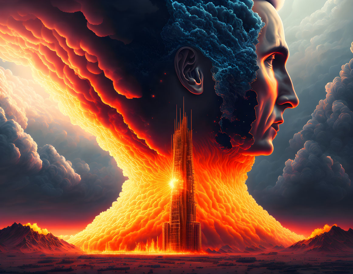 Surreal artwork: human head merges with volcanic eruption & cityscape