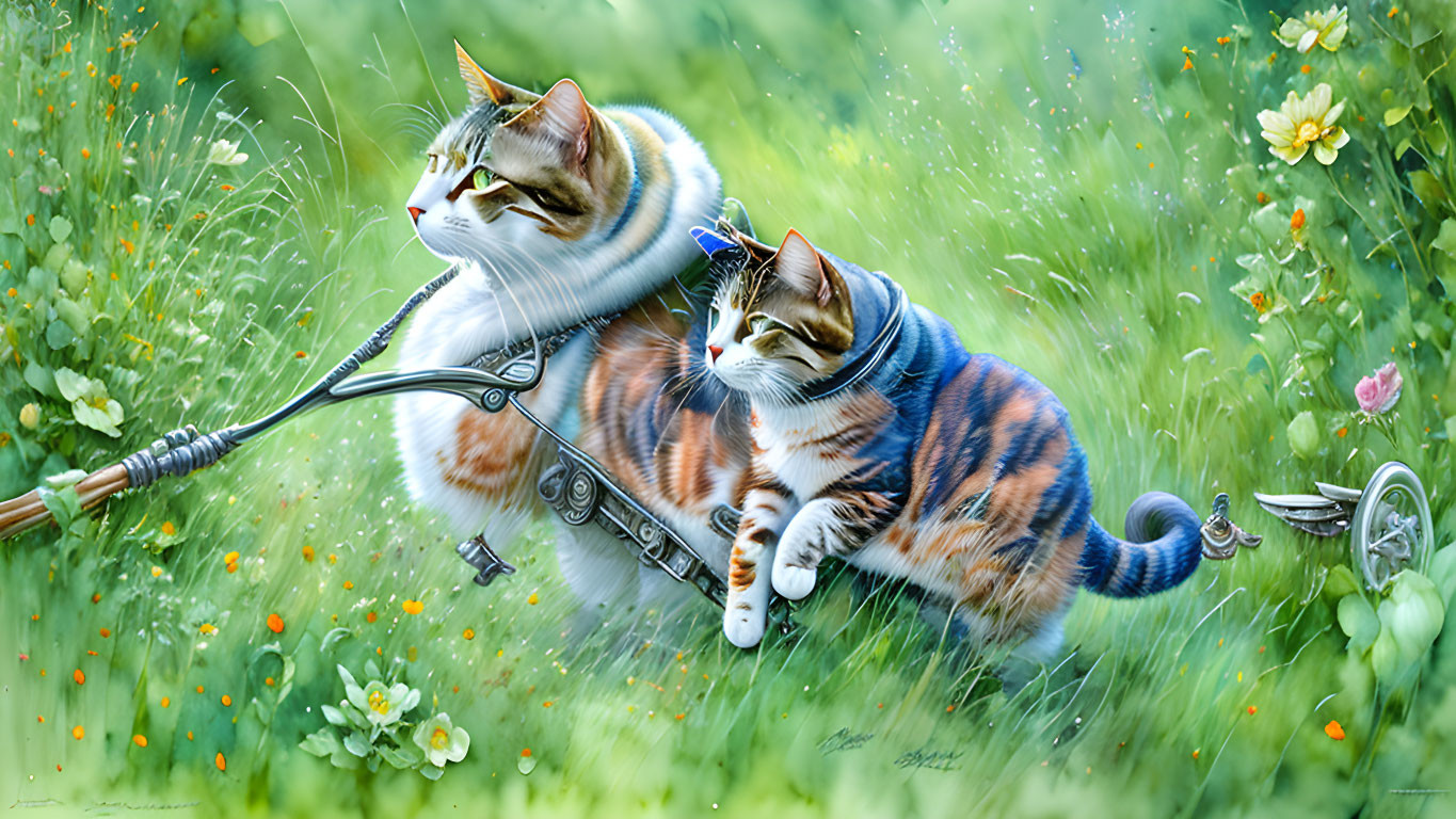 Vibrant Cats on Bike in Lush Green Field