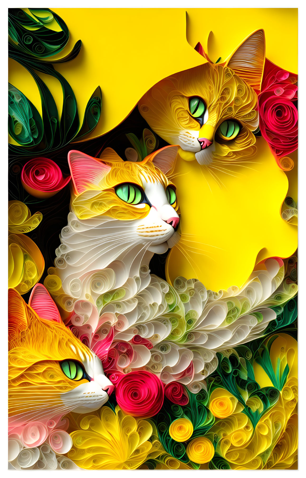 Colorful digital artwork featuring three stylized cats with floral patterns on a yellow background