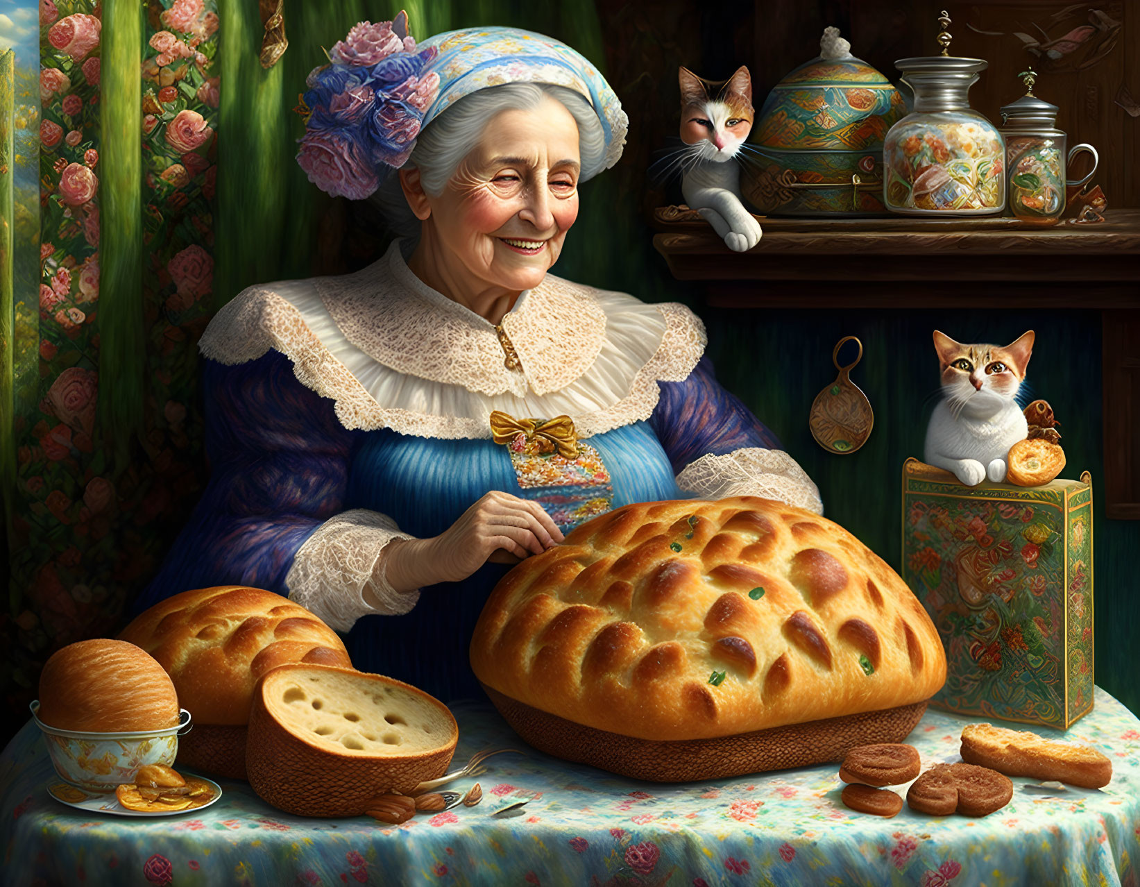 Elderly woman in vintage attire with cats in cozy kitchen setting