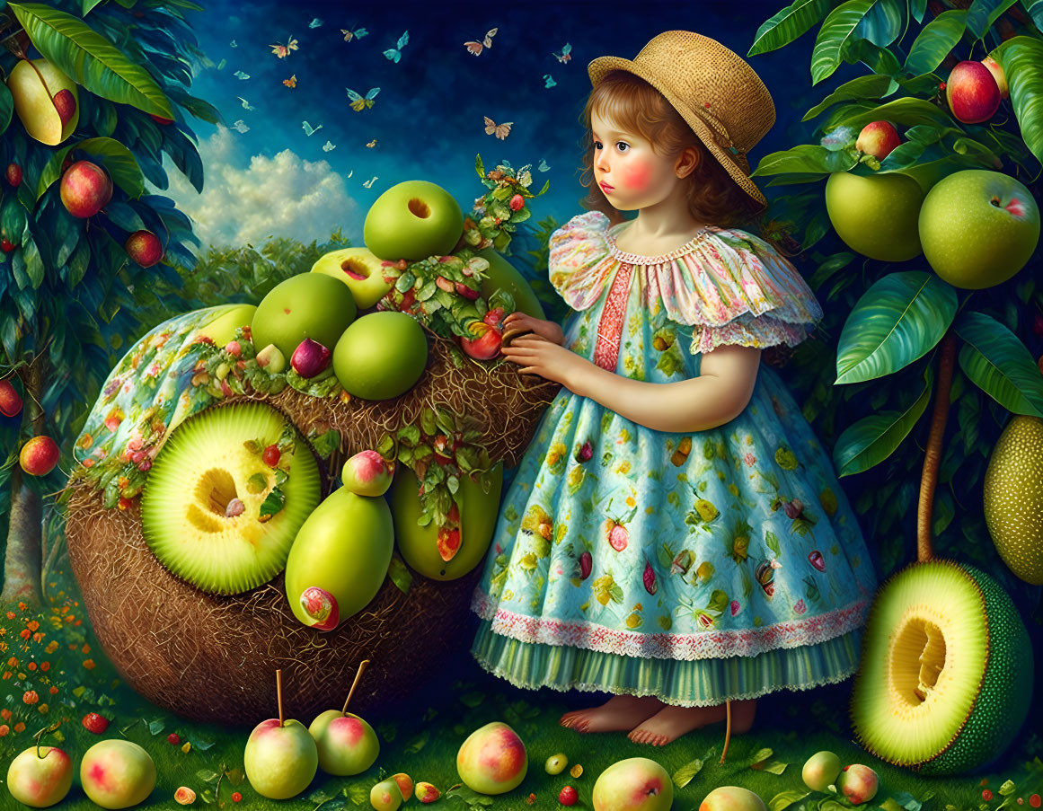 Young girl in floral dress and straw hat with vibrant fruits in lush garden.