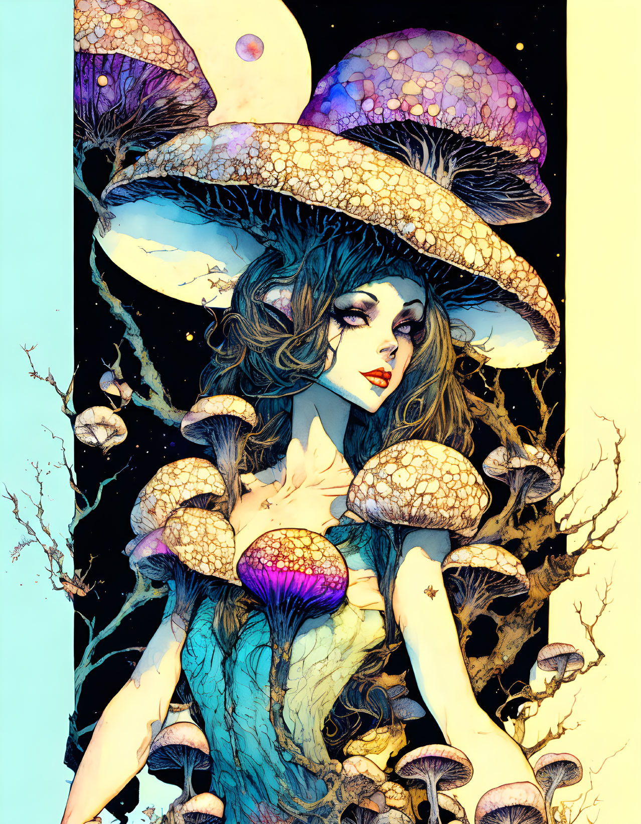 Fantastical woman with mushroom features in mystical flora setting