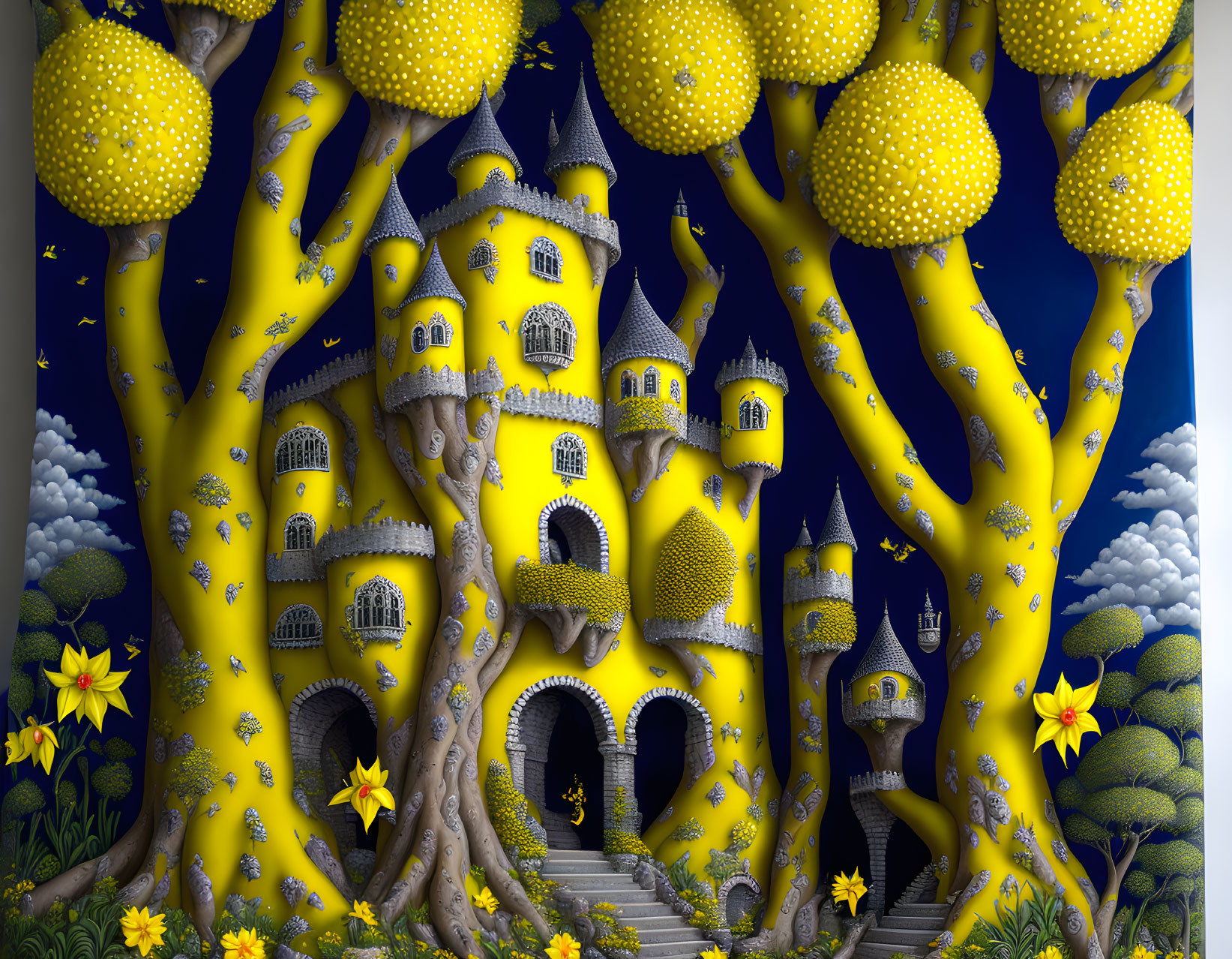 Whimsical fantasy illustration of castle in yellow tree with star-shaped flowers.