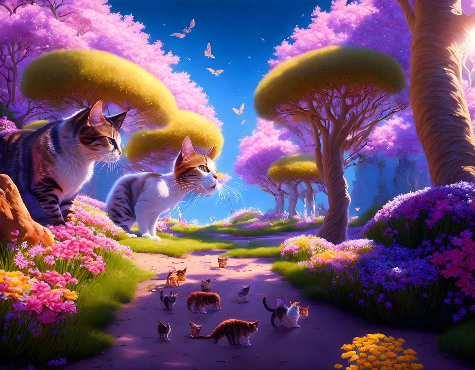 Vibrant fantasy landscape with two large cats, pink trees, flowers, and butterflies